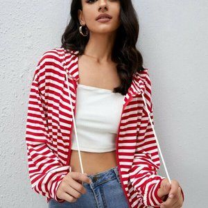 SHEIN Striped Print Drop Shoulder Zip Up Drawstring Hoodie